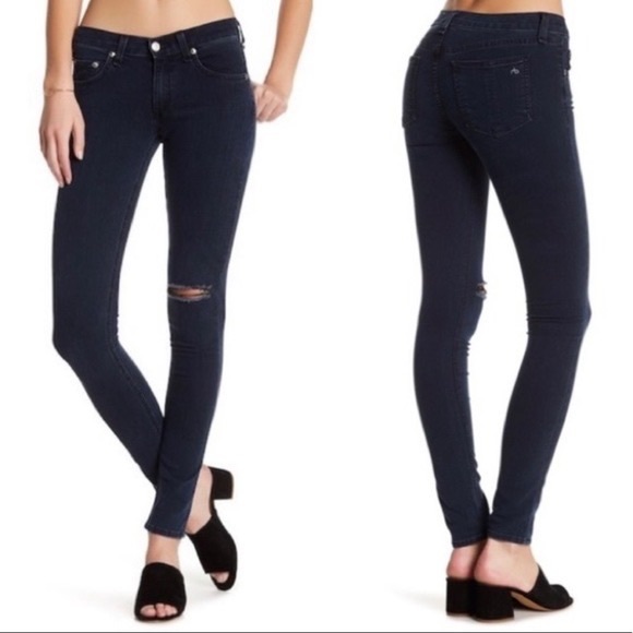 Size 27 Rag & Bone Skinny Denim Jeans Knee Slit Rip Dark Blue Terra - Picture 1 of 16